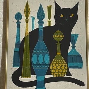 Mid-Century Black Cat Art Print with Teal & Olive Decanters